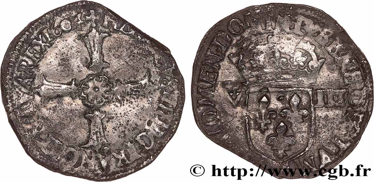 HENRI IV LE GRAND Huitième d écu, croix feuillue de face 1604 Nantes TB+