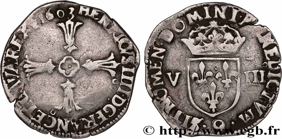 HENRI IV LE GRAND Huitième d écu, croix feuillue de face 1603 Rennes TTB