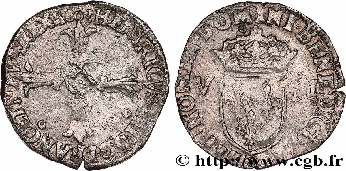 HENRY IV Huitième d écu, croix feuillue de face 1603 Rennes BC+