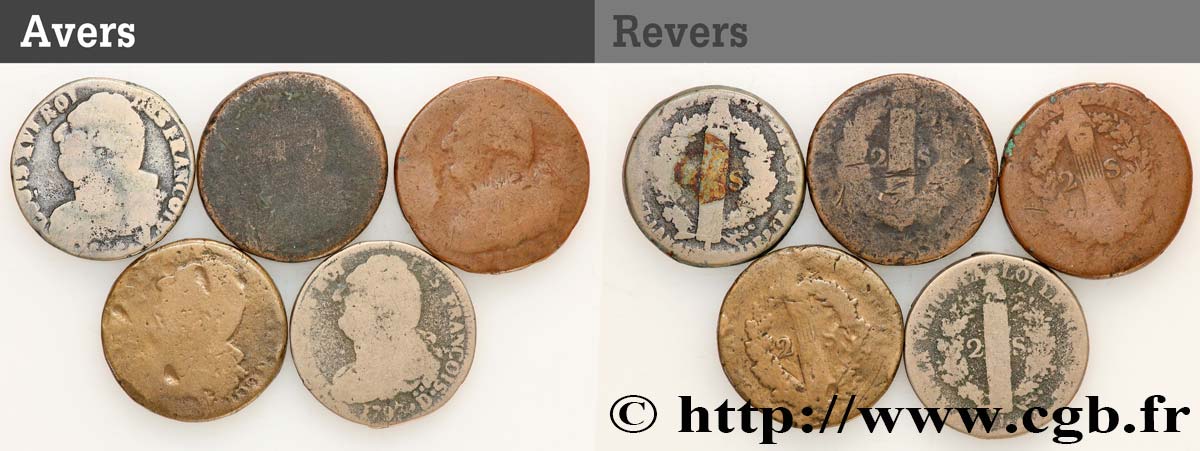 LOUIS XVI 2 sols dit  au faisceau , types divers, lot de 5 ex. n.d. Ateliers divers lot