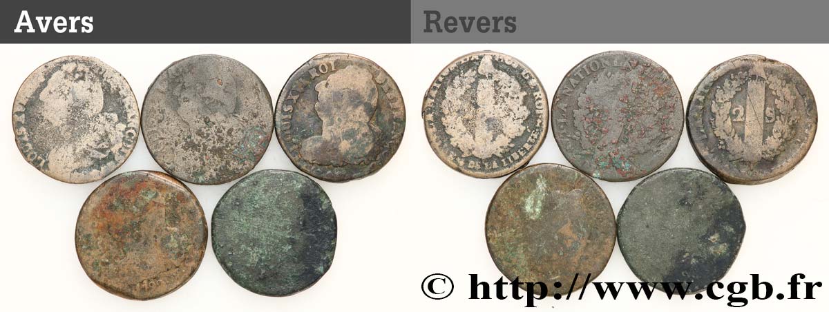 LOUIS XVI 2 sols dit  au faisceau , types divers, lot de 5 ex. n.d. Ateliers divers RC+