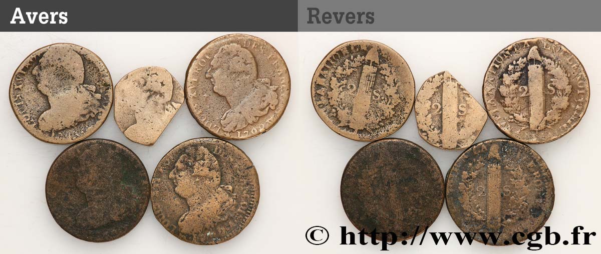 LOUIS XVI 2 sols dit  au faisceau , types divers, lot de 5 ex. n.d. Ateliers divers lote