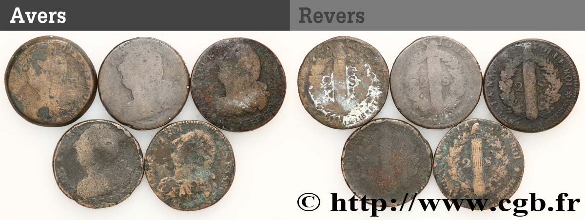 LOUIS XVI 2 sols dit  au faisceau , types divers, lot de 5 ex. n.d. Ateliers divers BC