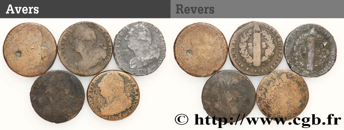 LOUIS XVI 2 sols dit  au faisceau , types divers, lot de 5 ex. n.d. Ateliers divers lotto