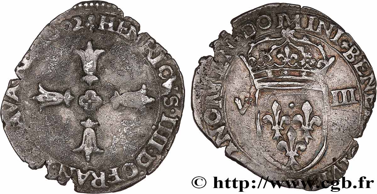 HENRI IV LE GRAND Huitième d écu, croix feuillue de face 1602 La Rochelle TB+