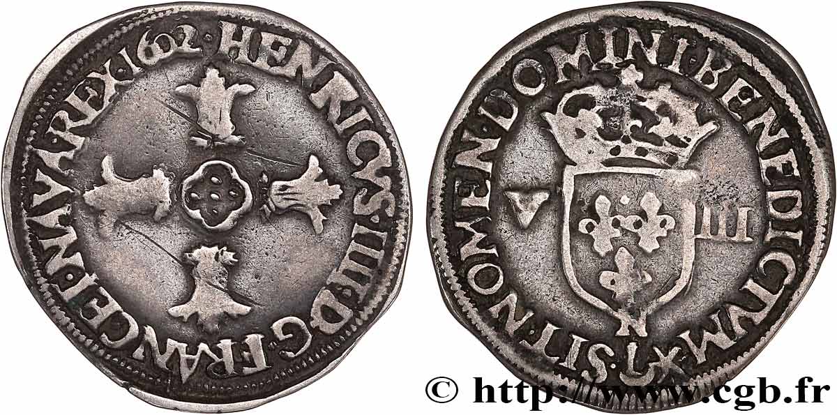 HENRI IV LE GRAND Huitième d écu, croix feuillue de face 1602 Montpellier TTB