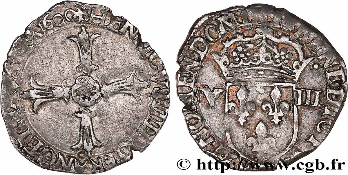 HENRY IV Huitième d écu, croix feuillue de face 1600 Nantes SS