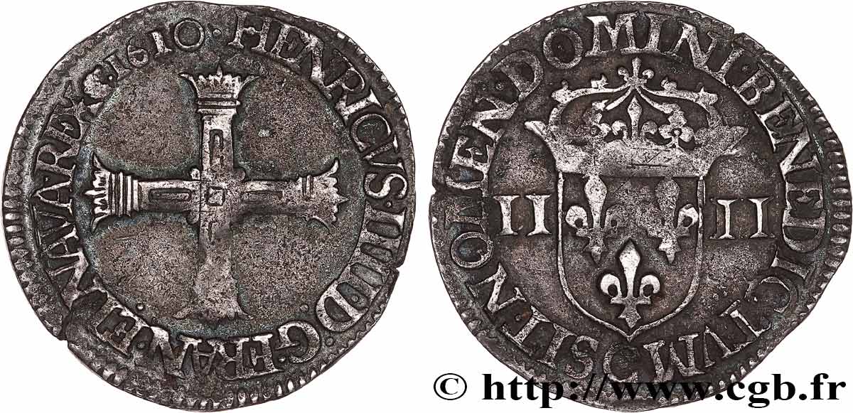 HENRY IV Quart d écu, croix bâtonnée et couronnée de face 1610 Saint-Lô MBC
