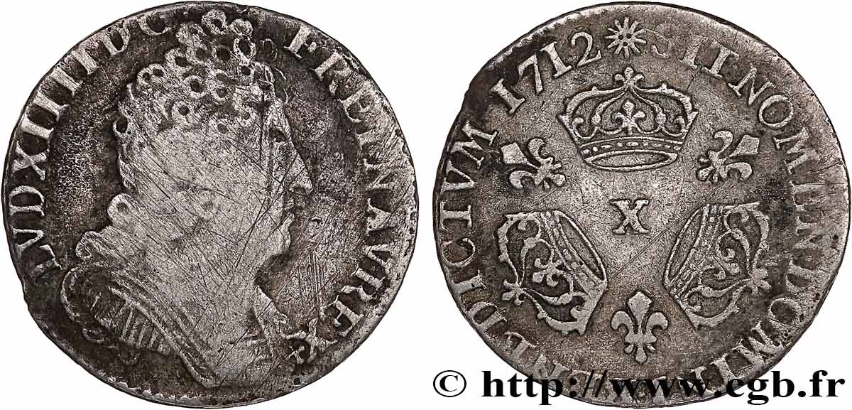 LOUIS XIV  THE SUN KING  Dixième d écu aux trois couronnes 1712 Amiens MB/q.BB