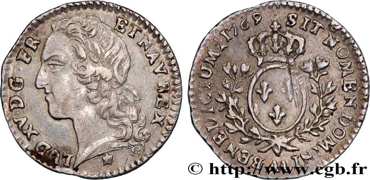 LOUIS XV THE BELOVED Dixième d écu aux branches d’olivier, tête ceinte d’un bandeau 1769 Metz VF