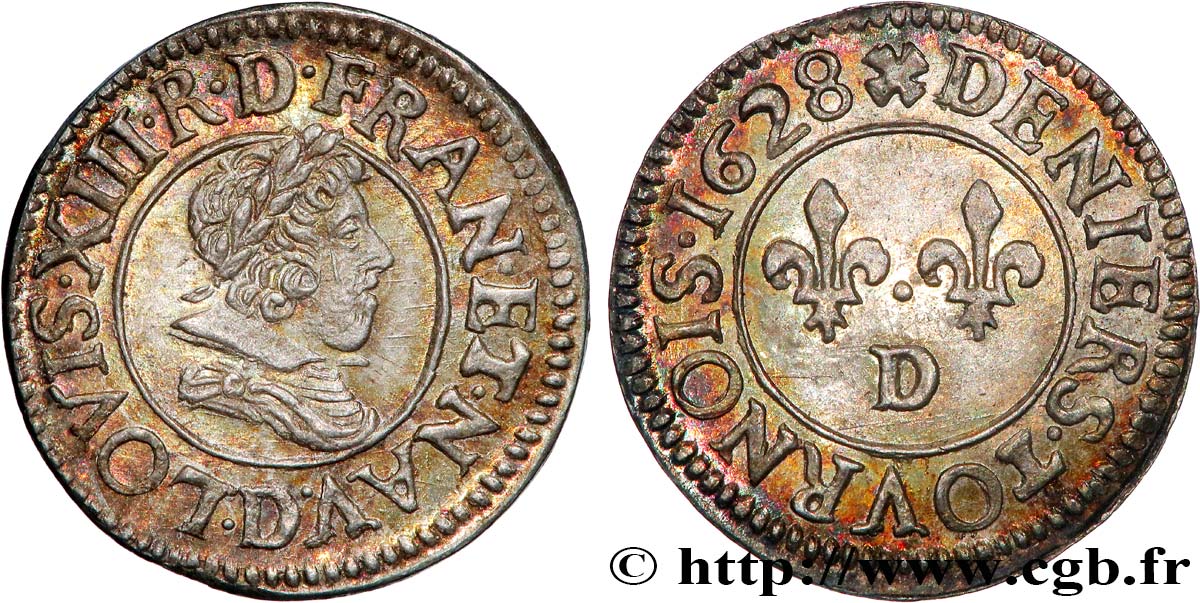 LOUIS XIII  Denier tournois en argent 1628 Lyon AU