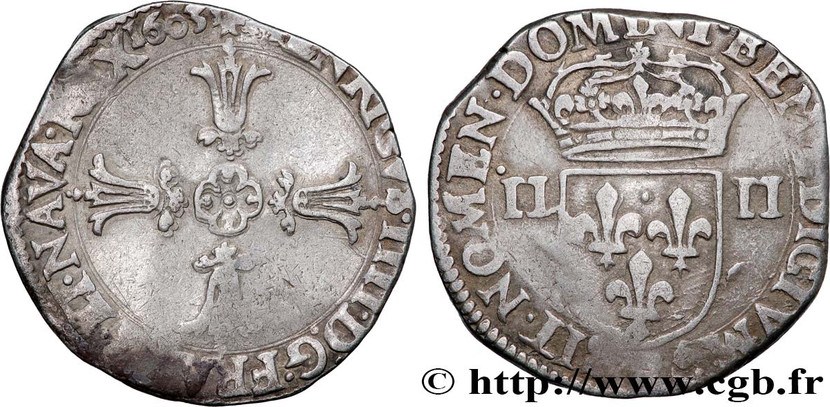 HENRI IV LE GRAND Quart d écu, croix feuillue de face 1605 Angers TTB