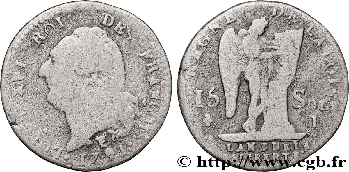 LOUIS XVI (MONARQUE CONSTITUTIONNEL)  15 sols dit &nbsp;au génie&nbsp;, type FRANCOIS 1791 Limoges B+
