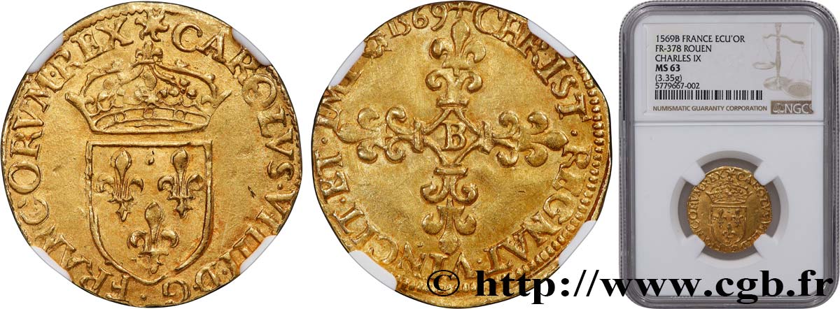 CHARLES IX Écu d or au soleil, 1er type 1569 Rouen SPL63