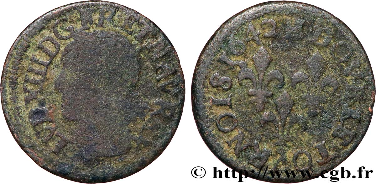 LOUIS XIII LE JUSTE Double tournois, type de Warin 1642 La Rochelle TB