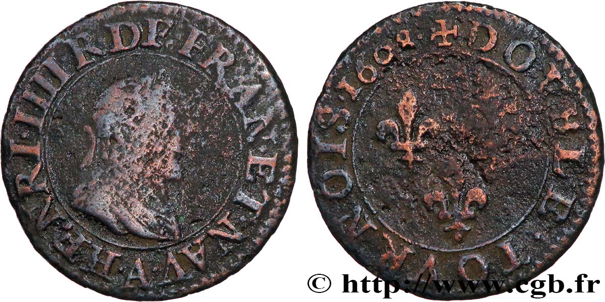 HENRY IV Double tournois, 2e type de Paris (légende française) 1608 Paris VF