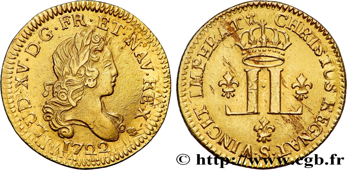 LOUIS XV DIT LE BIEN AIMÉ Louis d or aux deux L couronnées (fausse réformation) 1722 Reims TTB+