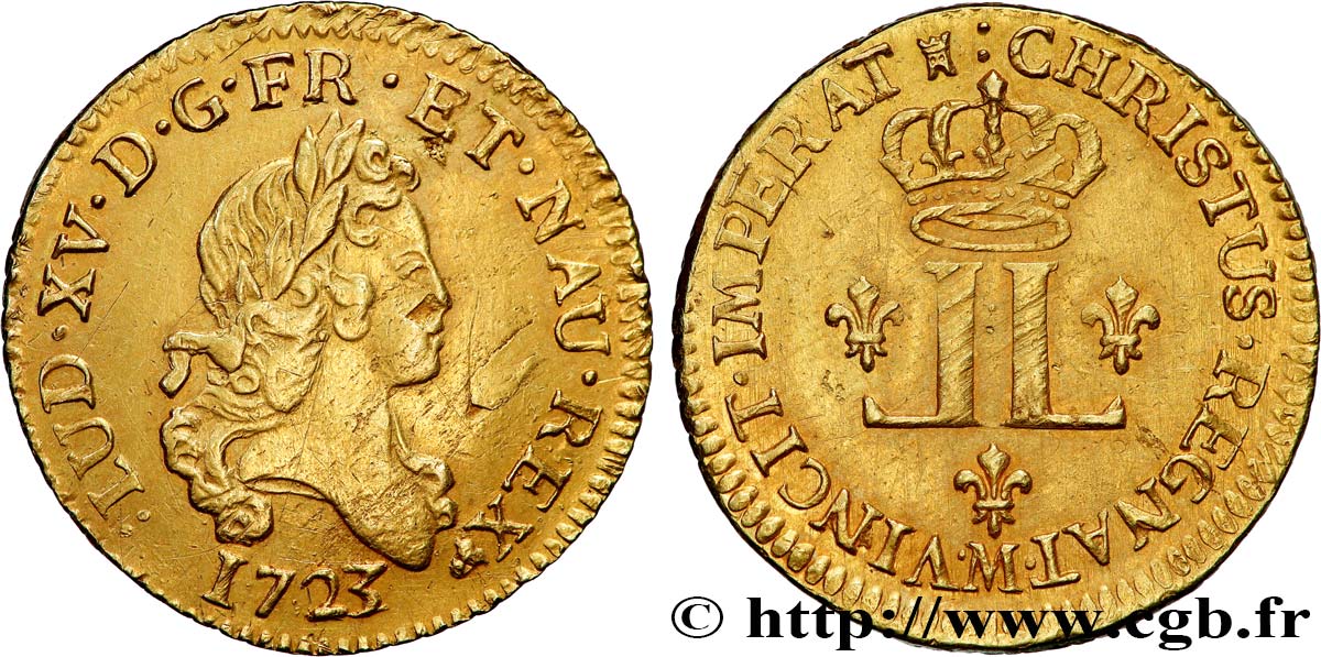 LOUIS XV THE BELOVED Louis d or aux deux L couronnées 1723 Toulouse AU