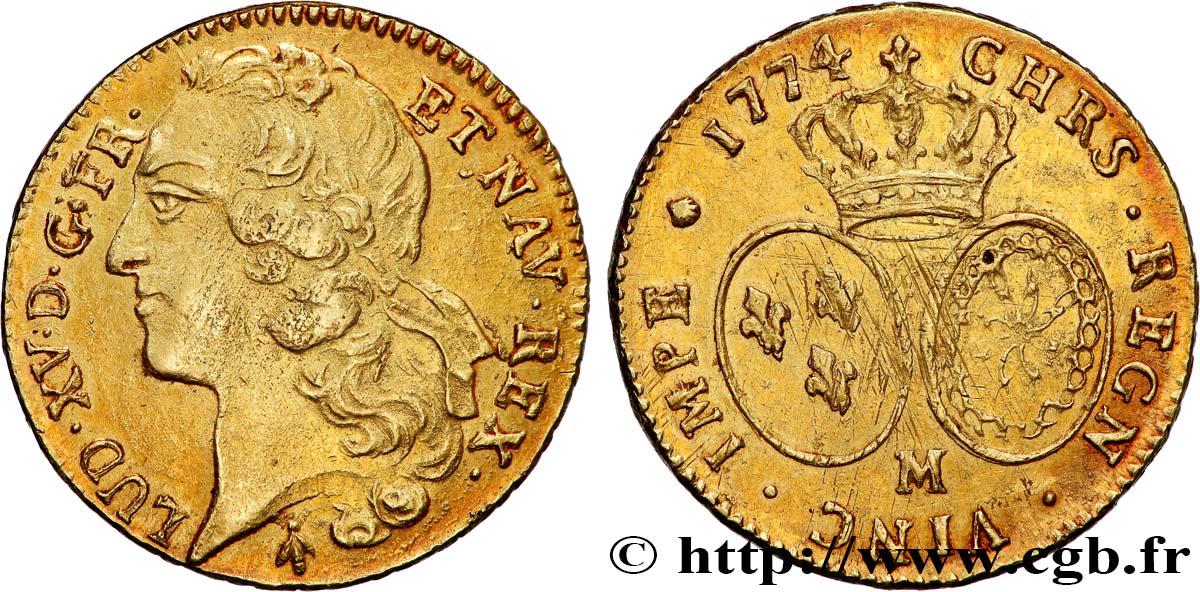 LOUIS XV  THE WELL-BELOVED  Double louis d’or aux écus ovales, tête ceinte d’un bandeau 1774 Toulouse AU