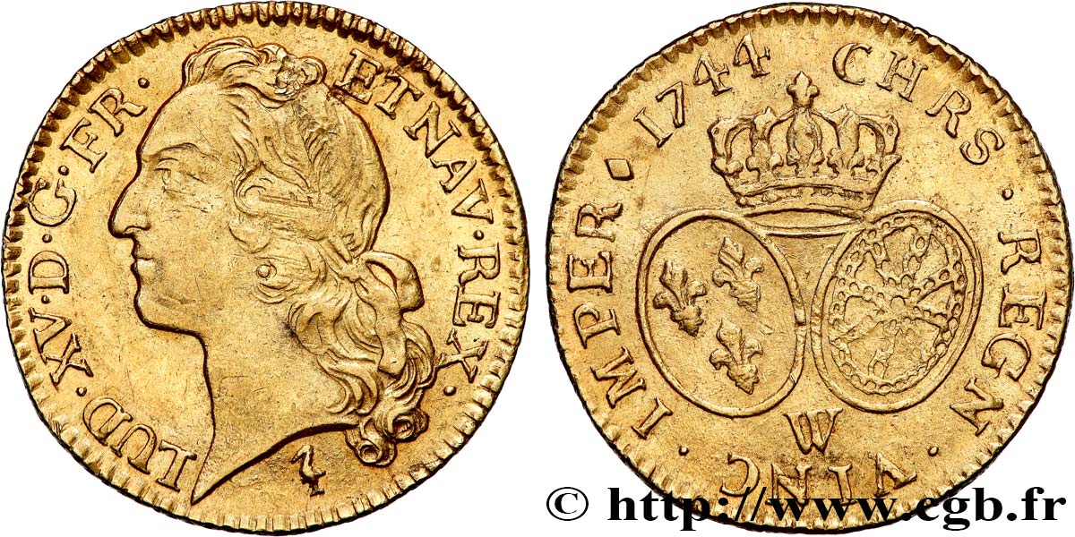 LOUIS XV  THE WELL-BELOVED  Louis d’or aux écus ovales, tête ceinte d’un bandeau 1744 Lille EBC