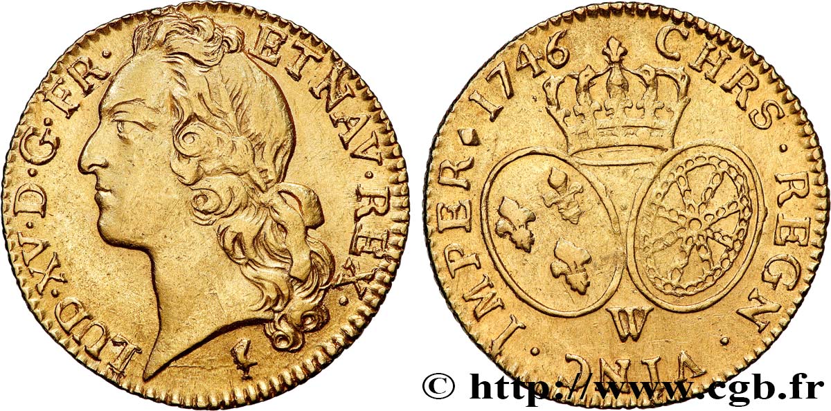 LOUIS XV  THE WELL-BELOVED  Louis d’or aux écus ovales, tête ceinte d’un bandeau 1746 Lille AU