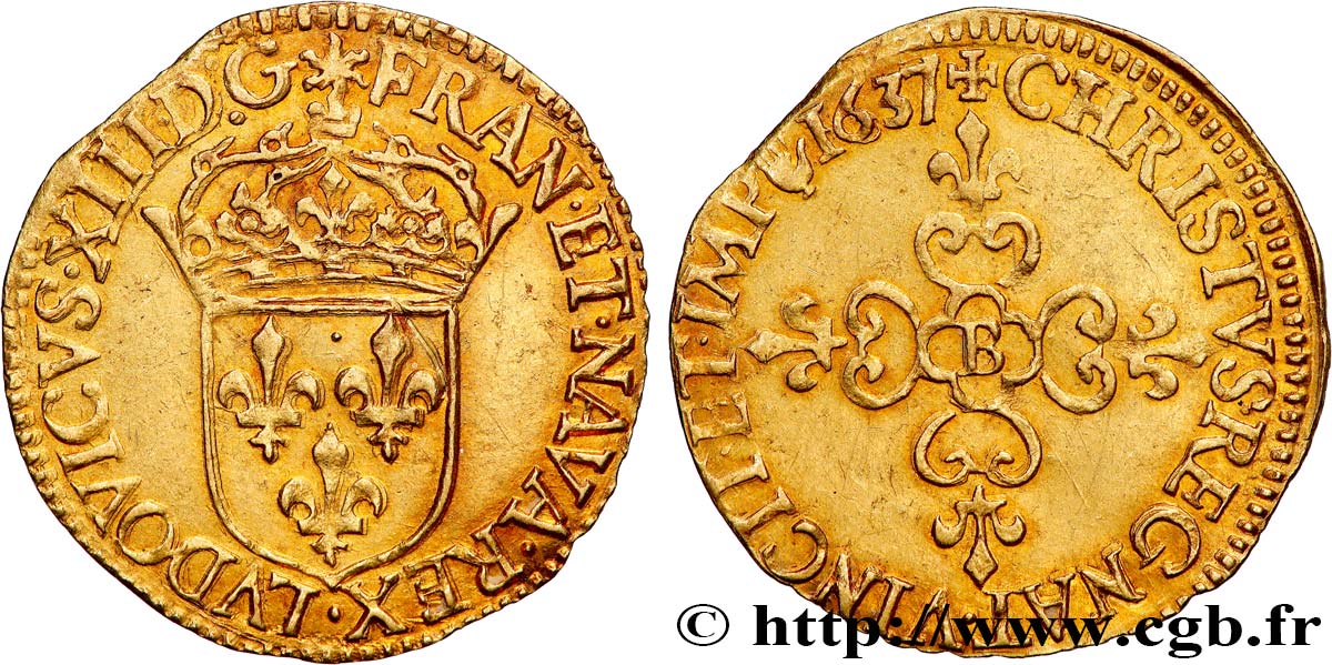LOUIS XIII  Écu d or au soleil, à la croix anillée fleurdelisée 1637 Rouen AU