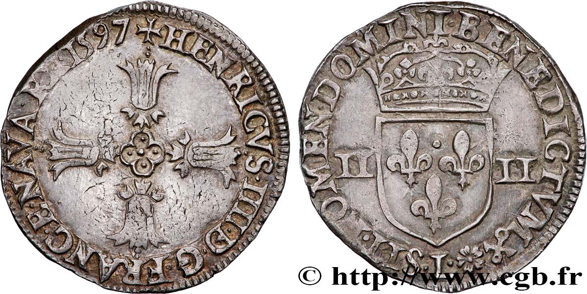 HENRI IV LE GRAND Quart d écu, croix feuillue de face 1597 Bayonne TTB+