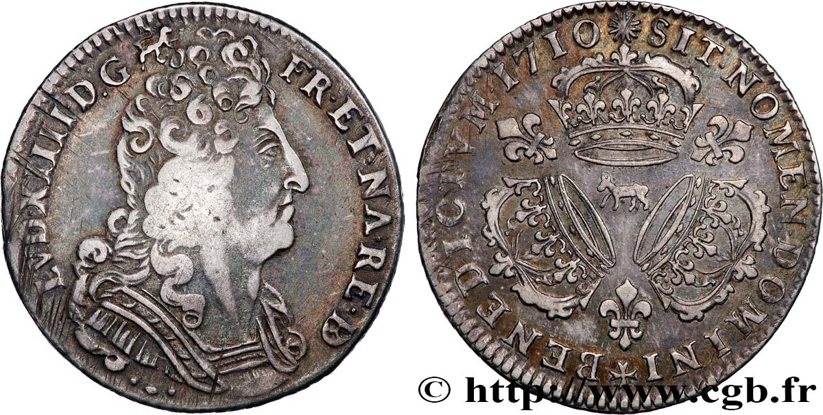 LOUIS XIV  THE SUN KING  Quart d écu aux trois couronnes 1710 Pau BC+/MBC