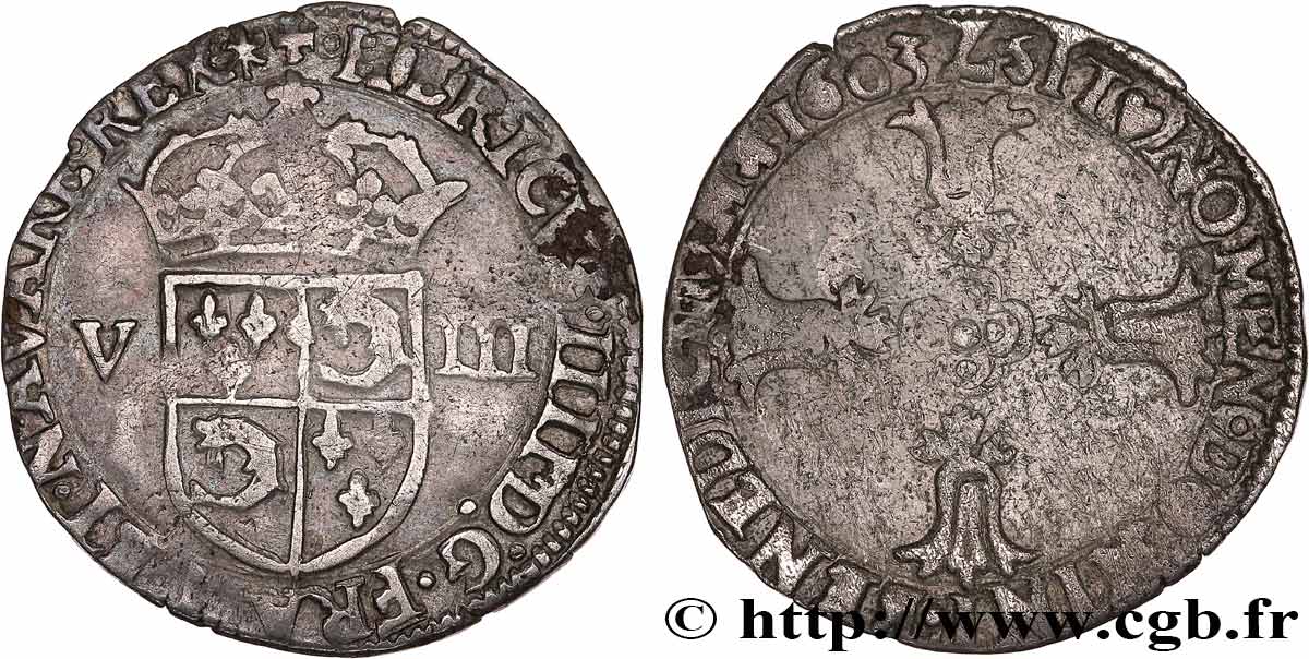 HENRI IV LE GRAND Huitième d écu du Dauphiné 1603 Grenoble TB+
