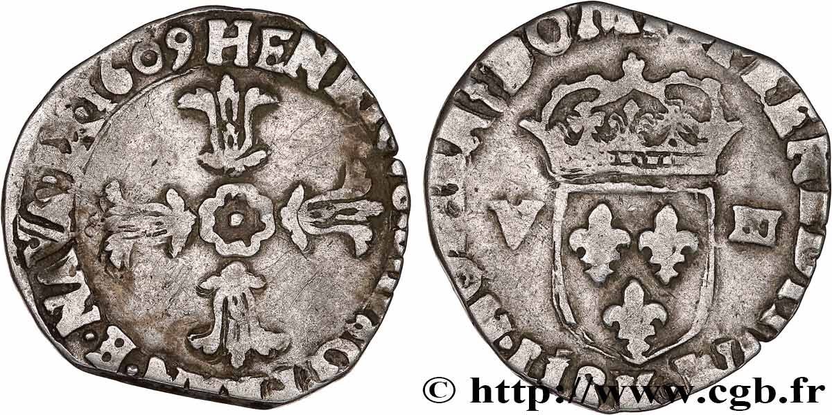 HENRI IV LE GRAND Huitième d écu, croix feuillue de face 1609 Bordeaux TB+