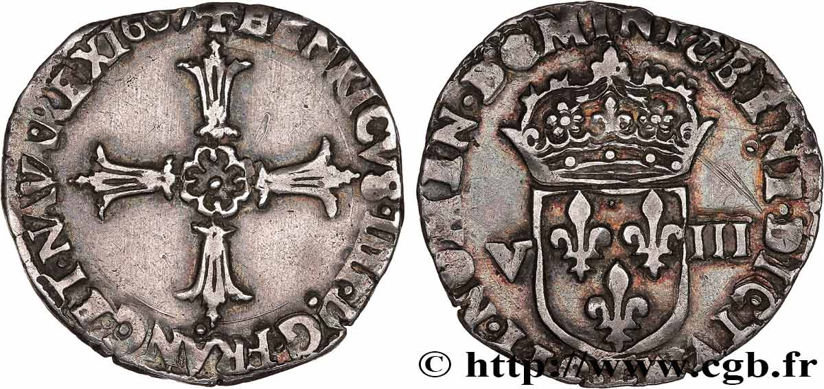 HENRI IV LE GRAND Huitième d écu, croix feuillue de face 1607 Nantes TTB