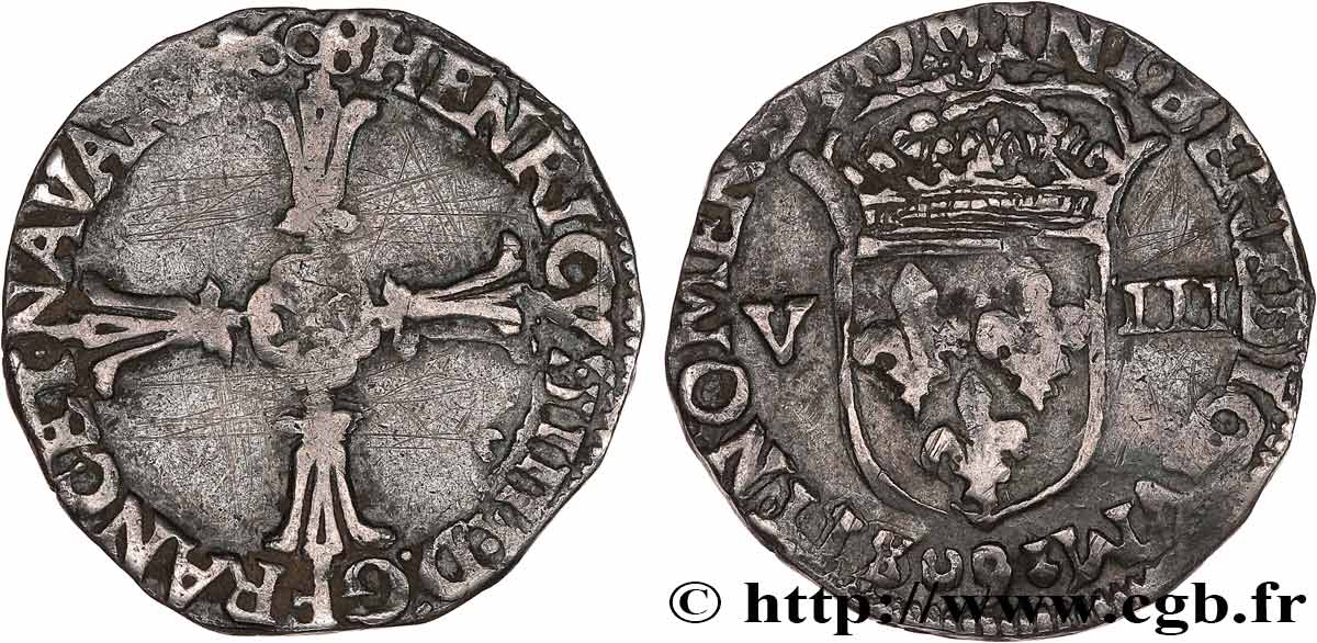 HENRY IV Huitième d écu, croix feuillue de face 1608 Rennes VF