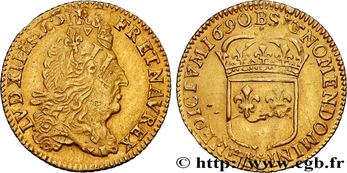 LOUIS XIV LE GRAND OU LE ROI SOLEIL Demi-louis d or à l écu 1690 Rouen TTB/TTB+