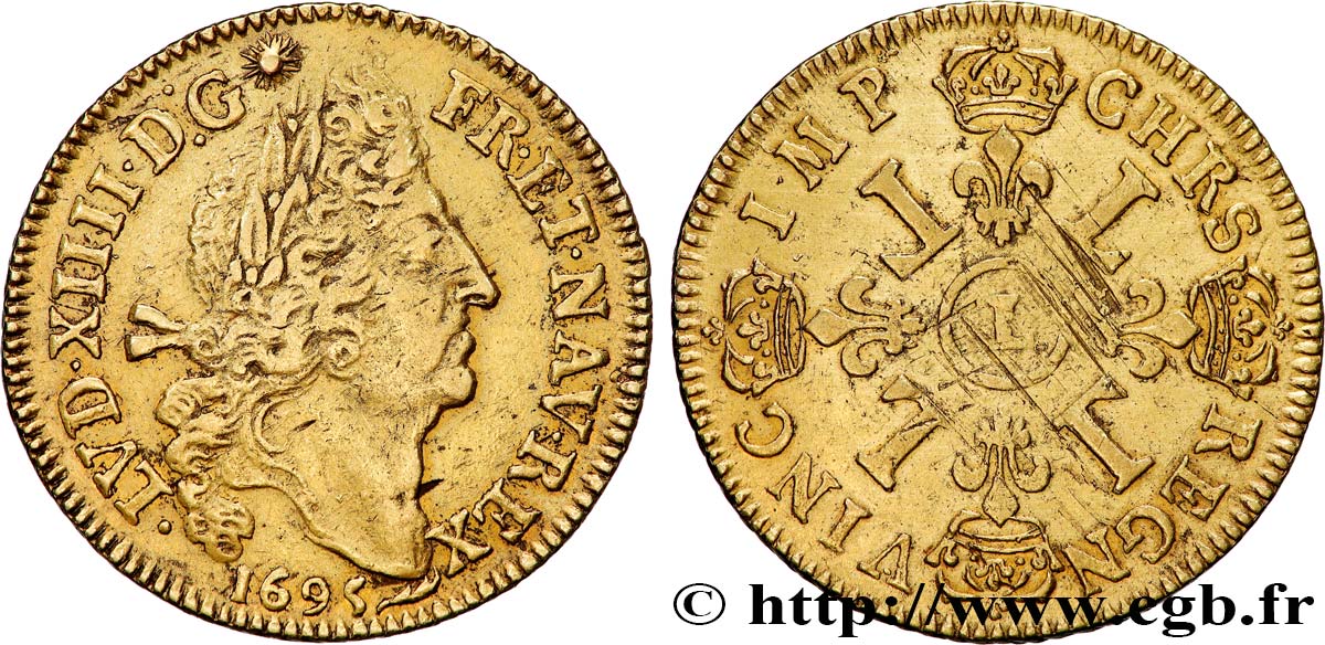 LOUIS XIV LE GRAND OU LE ROI SOLEIL Double louis d&nbsp;or aux quatre L 1695 Bayonne TTB
