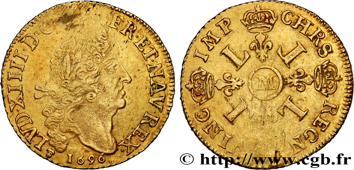 LOUIS XIV  THE SUN KING  Double louis d or aux quatre L 1696 Toulouse MBC