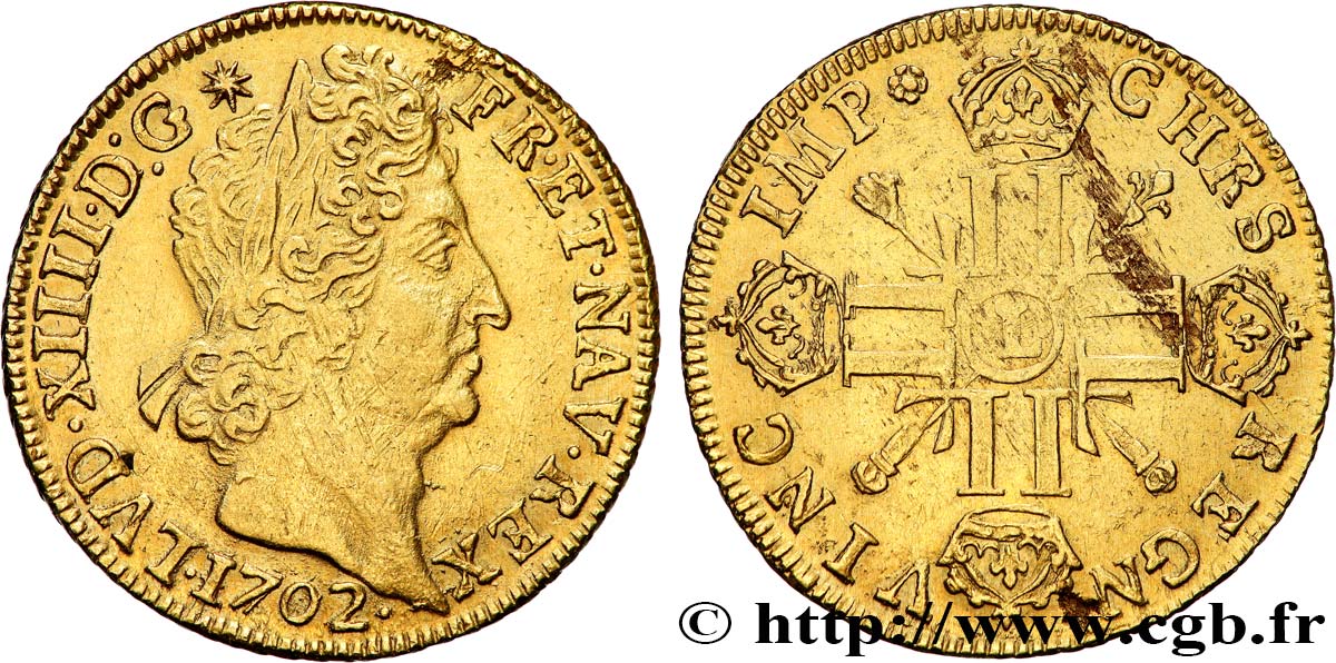 LOUIS XIV  THE SUN KING  Double louis d or aux huit L et aux insignes 1702 Bayonne MBC+