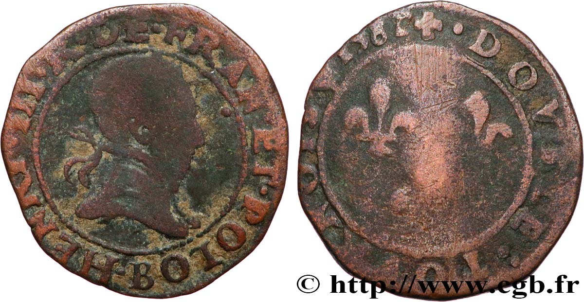 HENRY III Double tournois, type de Rouen 1587 Rouen VF