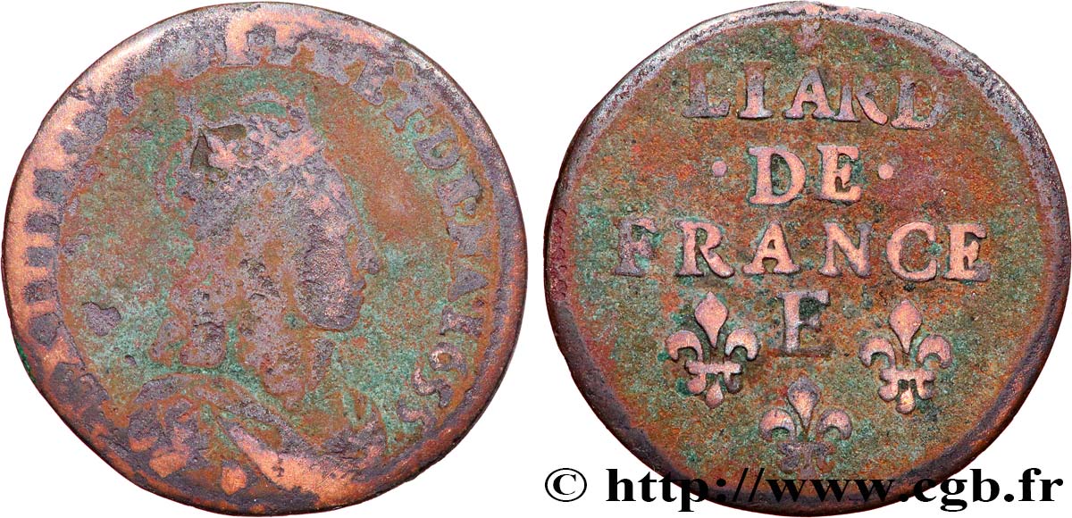 LOUIS XIV LE GRAND OU LE ROI SOLEIL Liard de cuivre, 2e type 1655 Meung-sur-Loire TB