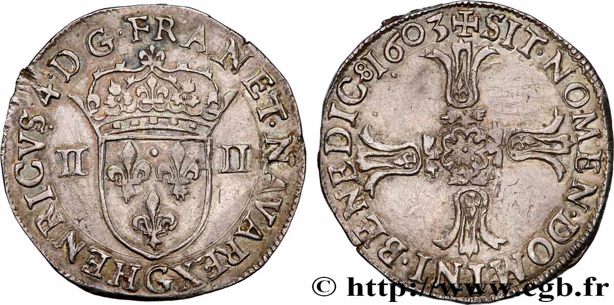 HENRY IV Quart d écu, croix bâtonnée et fleurdelisée de face 1603 Poitiers EBC