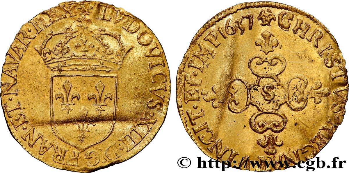 LOUIS XIII  Écu d or au soleil, à la croix anillée fleurdelisée 1637 Troyes MBC+
