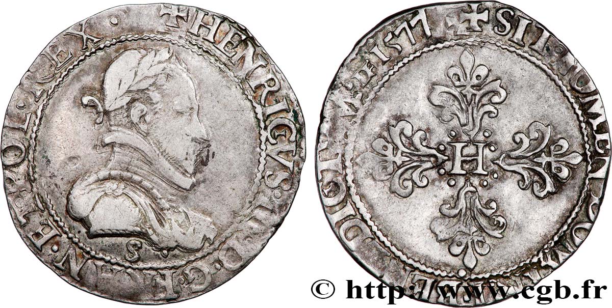 HENRY III Demi-franc au col plat 1577 Troyes XF/AU