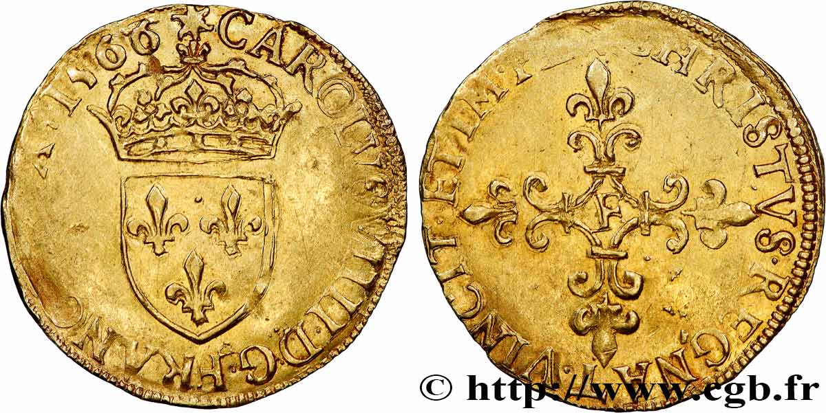 CHARLES IX Écu d or au soleil, 1er type 1566 Angers TTB
