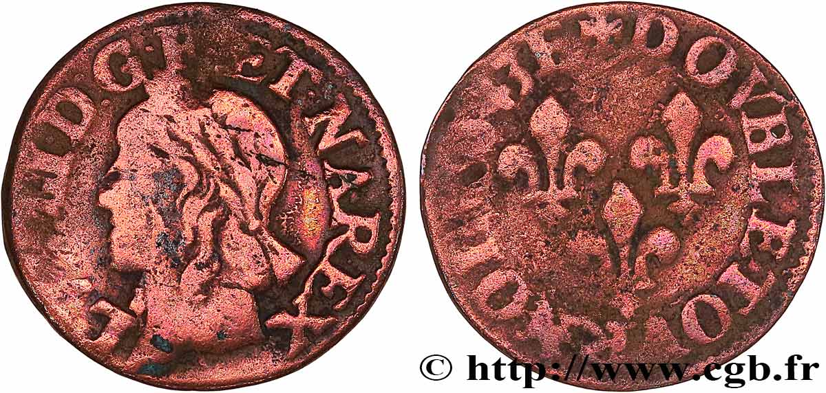 LOUIS XIII LE JUSTE Double tournois, type de Warin 1643 Corbeil TB