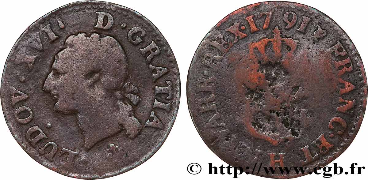 LOUIS XVI Liard dit “à l écu” 1791 La Rochelle MB/q.MB