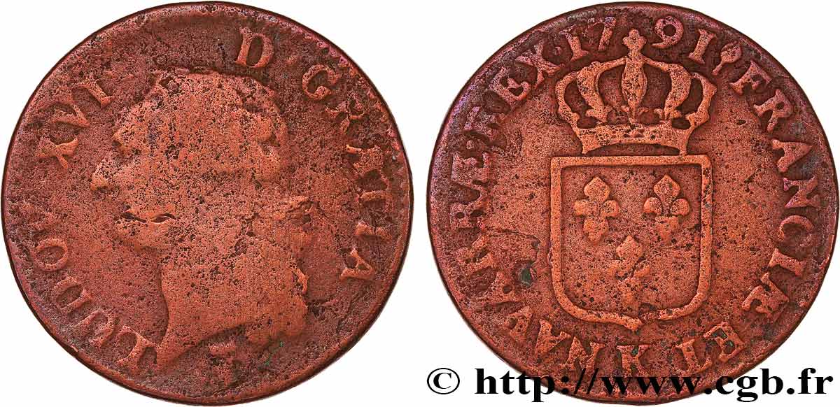 LOUIS XVI Sol dit  à l écu  1791 Bordeaux TB