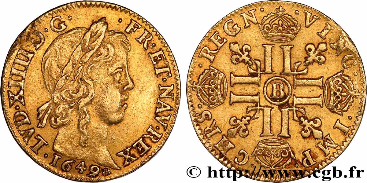 LOUIS XIV  THE SUN KING  Louis d’or aux huit L, portrait à la mèche longue 1649 Rouen XF