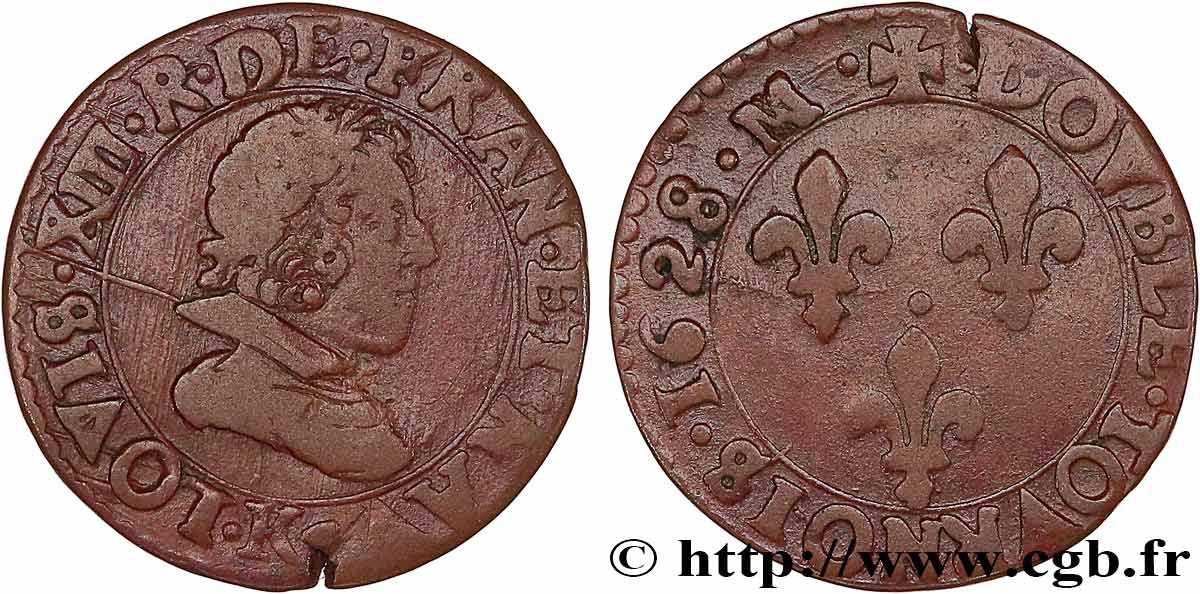 LOUIS XIII LE JUSTE Double tournois, type 7 1628 Bordeaux TB+