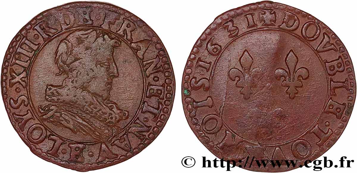 LOUIS XIII LE JUSTE Double tournois, type 1 de Tours 1631 Tours TTB