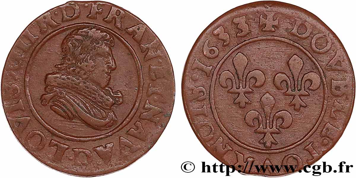 LOUIS XIII LE JUSTE Double tournois, type 8 1633 Lyon TB+