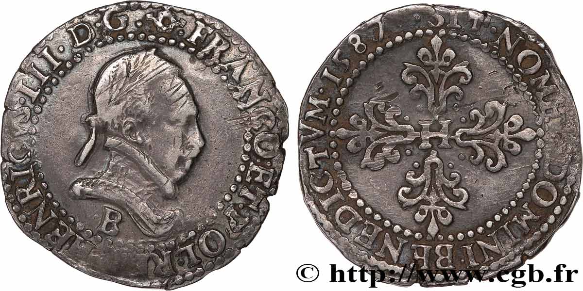 HENRI III Demi-franc au col plat 1587 Rouen TTB+